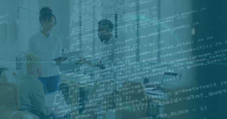 Image of financial data processing over diverse business people working at office. Global business,...