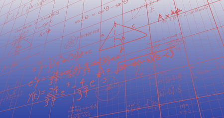 Image of mathematical equations and diagrams floating against blue gradient background. School and education conceptの写真素材