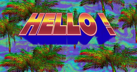 Image of palm trees and hello text over blue background. retro future and digital interface concept digitally generated image.の写真素材