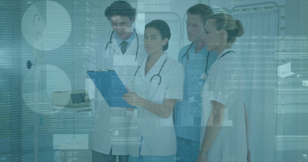 Image of statistical data processing over team of diverse doctors discussing reports at hospital....