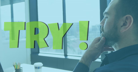Image of try text over caucasian businessman. global business, ukraine crisis and digital interface...
