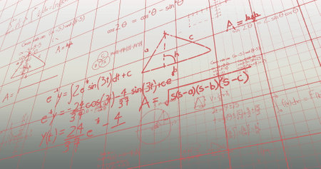 Image of mathematical diagrams and equation over grid pattern against abstract background. Digitally generated, hologram, equations, education, learning, illustration and technology concept.の写真素材