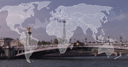 Image of world map and data processing over cityscape. Global business, finances, computing and data...