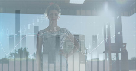 Image of financial data processing over woman at the gas station. global fuel business an financial.