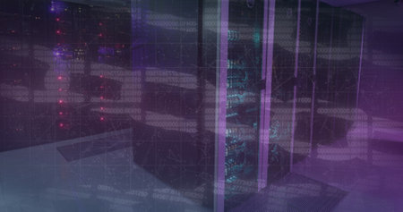 Image of blockchains over illuminated server rack in server room. Digital composite, multiple...