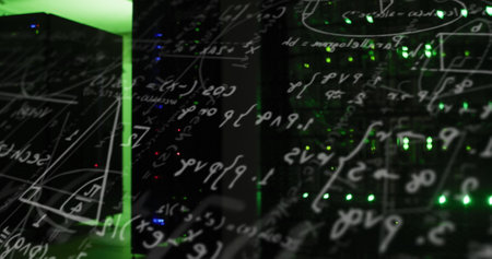 Image of mathematical equation and diagrams against illuminated server rack in server room. Digital composite, multiple exposure, solutions, education, networking, technology and network server.の写真素材