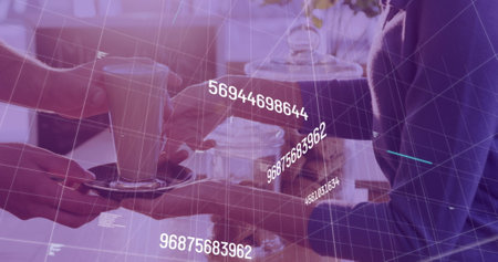 Image of data processing over mid section of a waiter serving coffee at a cafe. Computer interface and business technology conceptの写真素材