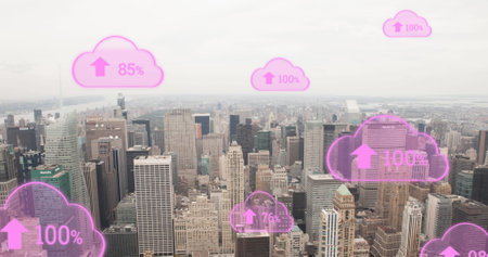 Image of clouds icons over cityscape. Global business and digital interface concept digitally...