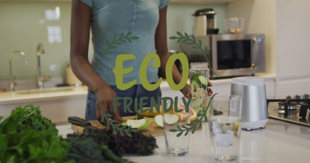 Image of eco friendly text and leaves over happy african american woman cooking. ecology, cooking,...