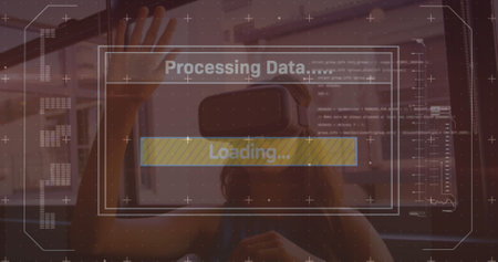 Image of interface with data processing over caucasian woman wearing vr headset. Computer interface and business technology conceptの写真素材