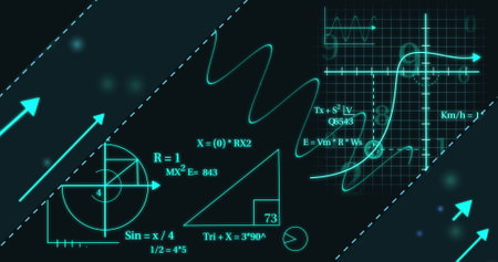 Image of mathematical equations over black background. Technology and digital interface concept digitally generated image.の写真素材