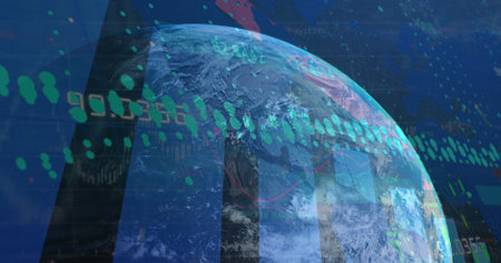 Image of financial data processing over globe. Global business, finances and digital interface concept digitally generated image.の写真素材