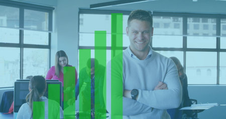 Image of statistics processing over delivery man with clipboard in delivery window. School and education concept.の写真素材