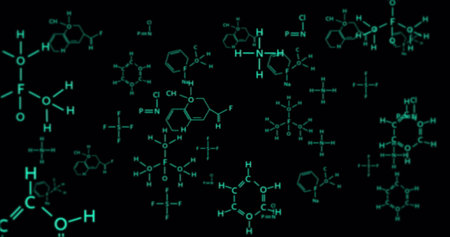Image of chemical formula over black background. Technology and digital interface concept digitally generated image.の写真素材