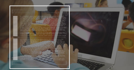 Image of data processing over diverse schoolchildren using laptop. Global business and digital interface concept digitally generated image.の写真素材