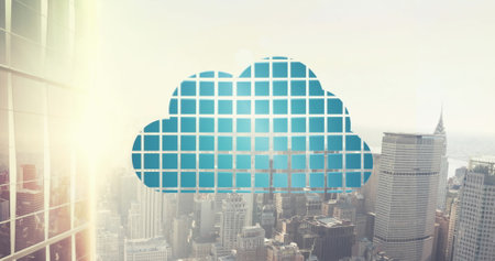 Image of cloud icon over cityscape. Global business and digital interface concept digitally...