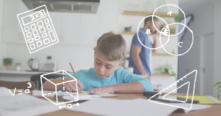 Image of school items icons over caucasian father and son learning at home. school and education during covid 19 pandemic concept digitally generated image.の写真素材