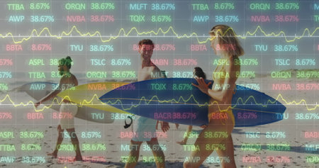 Image of financial data processing over friends with surfboards on beach. Global holiday, finance,...