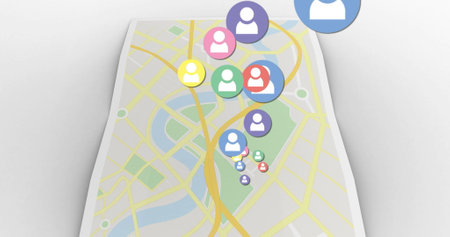 Image of multiple colourful digital social media people icons over map. global social media...