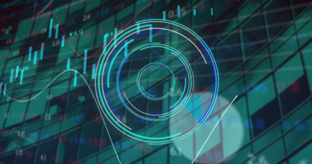 Image of financial data processing and scope scanning over modern building. Global connections, business, computing and data processing concept digitally generated image.の写真素材