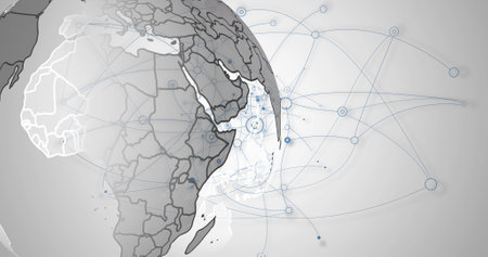 Image of networks of connections with icons over network of profile business people. Global business connections and technology concept digitally generated image.の写真素材