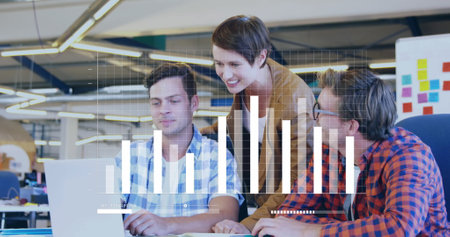 Image of graph, loading bars over diverse coworkers diverse coworkers sharing ideas in office....