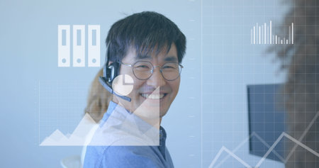 Image of financial data processing with icons over diverse business people. Global business,...