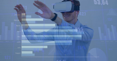 Image of financial data processing over caucasian man using vr headset. Global technology, finances...