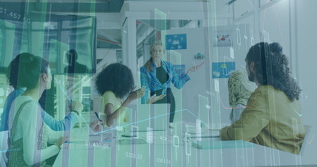 Image of graphs and numbers over diverse coworkers discussing ideas at office. Digital composite,...