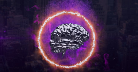 Image of digital brain with fire circle and purple smoke over cityscape. Global technology, computing and digital interface concept, digitally generated image.の写真素材