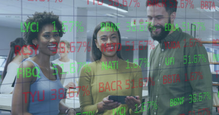 Image of data processing over diverse business people working in office. Global business and digital...