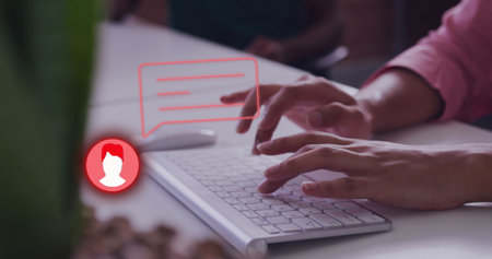 Image of social media icons and data processing over woman using computer. Global social media,...