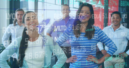Image of financial data processing over diverse business people in office. Global business, finance,...
