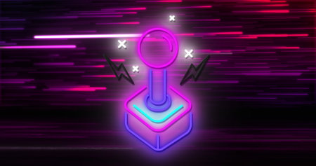 Image of gamepad icon over light trails on black background. Retro future, colour and background...