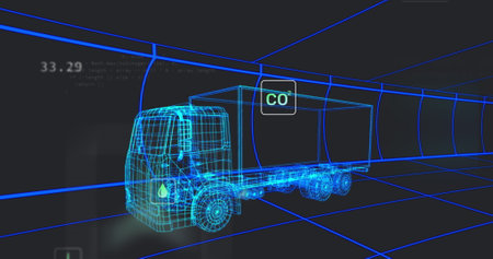 Image of digital car interface and data processing over 3d model of car. Global engineering, digital interface, business, computing and data processing concept digitally generated image.の写真素材