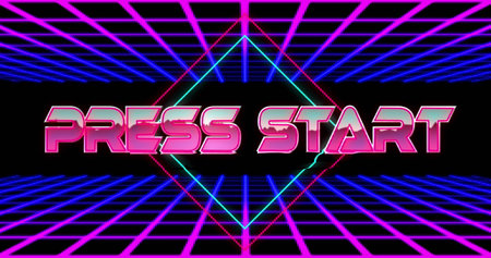 Image of press start text over rhombuses and grid pattern against black background. Digitally...