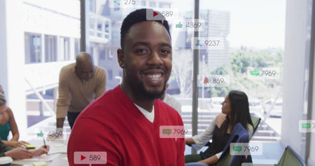 Image of multiple notification bars over smiling african american man looking at camera. Digital...