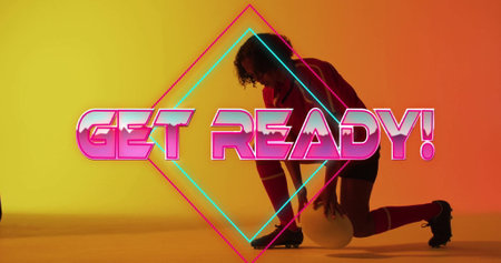 Image of get ready text with shapes over biracial female rugby player crouching. Global sport and digital interface concept, digitally generated image.の写真素材