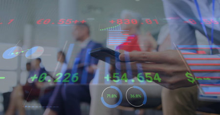 Image of financial data processing over caucasian businessman using smartphone. Global business, networks, connections, computing and data processing concept digitally generated image.の写真素材