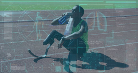 Image of data processing over disabled african american male runner. Global sport and digital interface concept digitally generated image.の写真素材
