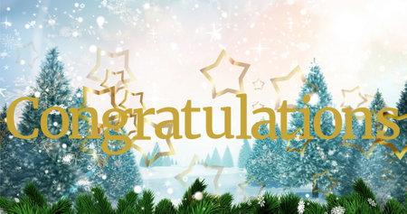 Golden Congratulations text stands out against snowy landscape. Snowflakes falling gently, creating a festive atmosphereの写真素材