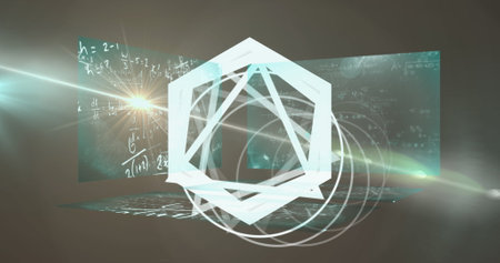 Image of abstract geometrical shape spinning over screens with mathematical equations. Computer interface and business technology conceptの写真素材