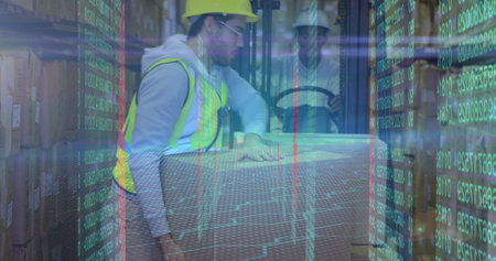 Image of data processing over diverse workers in warehouse. Global shipping, delivery and digital...