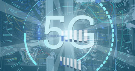 Image of 5g text, bar graph and circles with abstract pattern over storage system in server room....