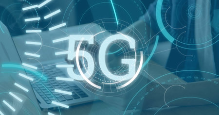 Image of 5g text with radars and circles over cropped hands of caucasian man using smartphone....