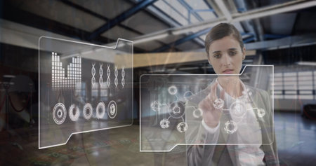 Image of financial data processing over caucasian businesswoman. Global finances, lifestyle and digital interface concept digitally generated image.の写真素材