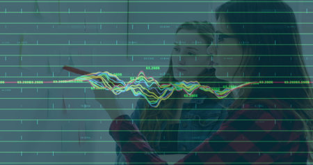 Image of financial data processing over business people working in office. Global computing,...