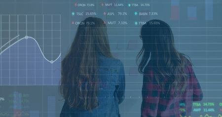 A group of female executives are discussing over sticky notes in the office the image of the stock market display shows red, blue, purple, and green stock market tickers and graphs the price is going up and down at the stock exchange on blue background.の写真素材
