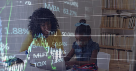 Image of financial data processing over mother and daughter with laptop. Global business, finance,...