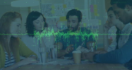 Image of financial data processing over business people working in office. Global computing,...